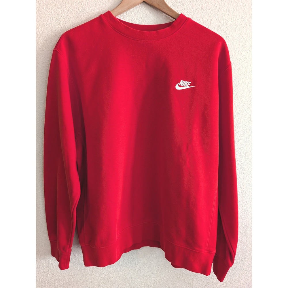 Nike Club Fleece Sweatshirt Mens Large Red Embroidered Swoosh Crewneck Pullover